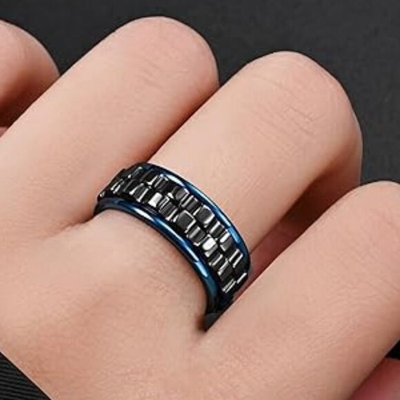 Men Blue Black 8mm Wide Gear Spinner Ultra Polished Heavy Fidget Rings - Picture 1 of 2